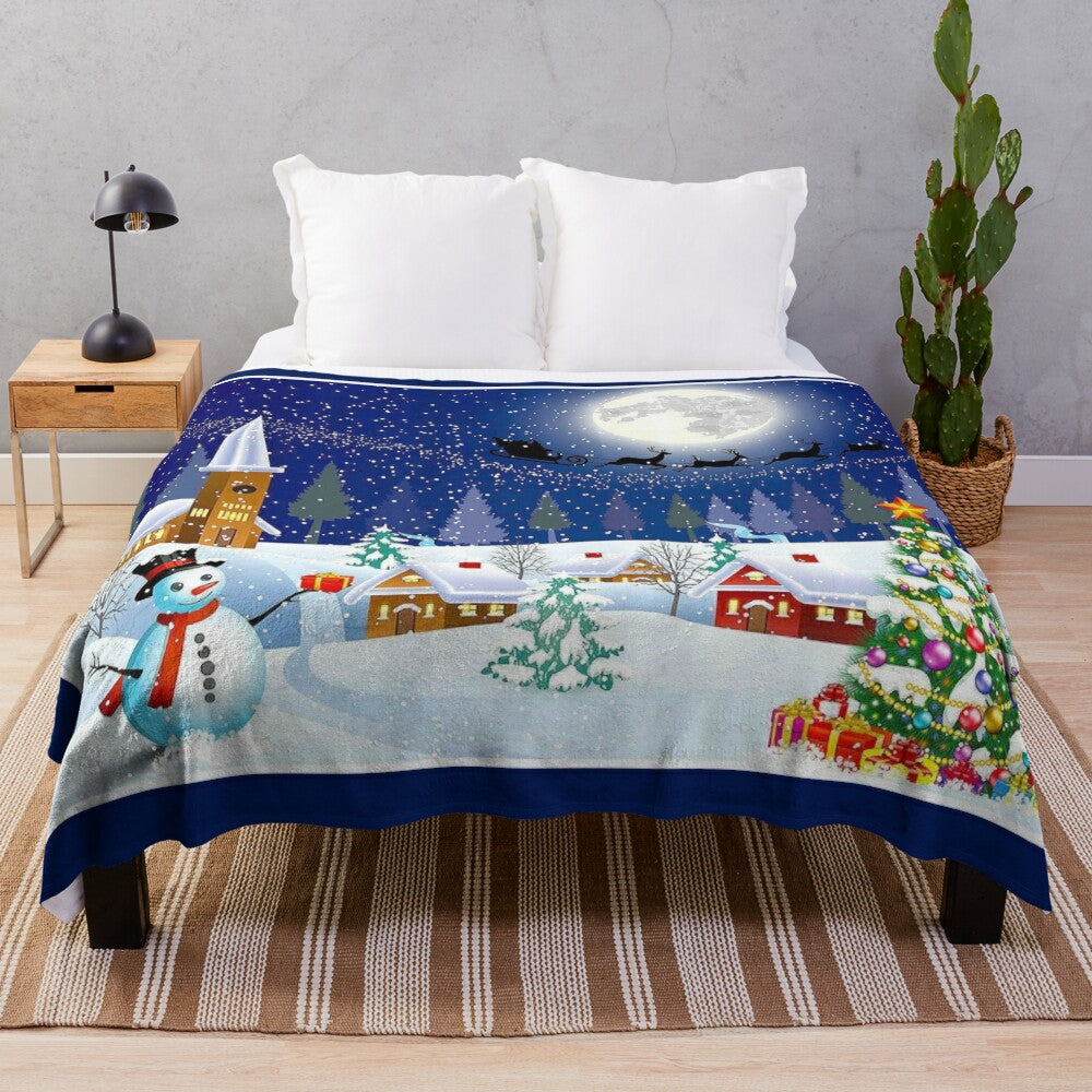 Cozy plush blanket featuring a winter country scene with snowman, Santa, and church