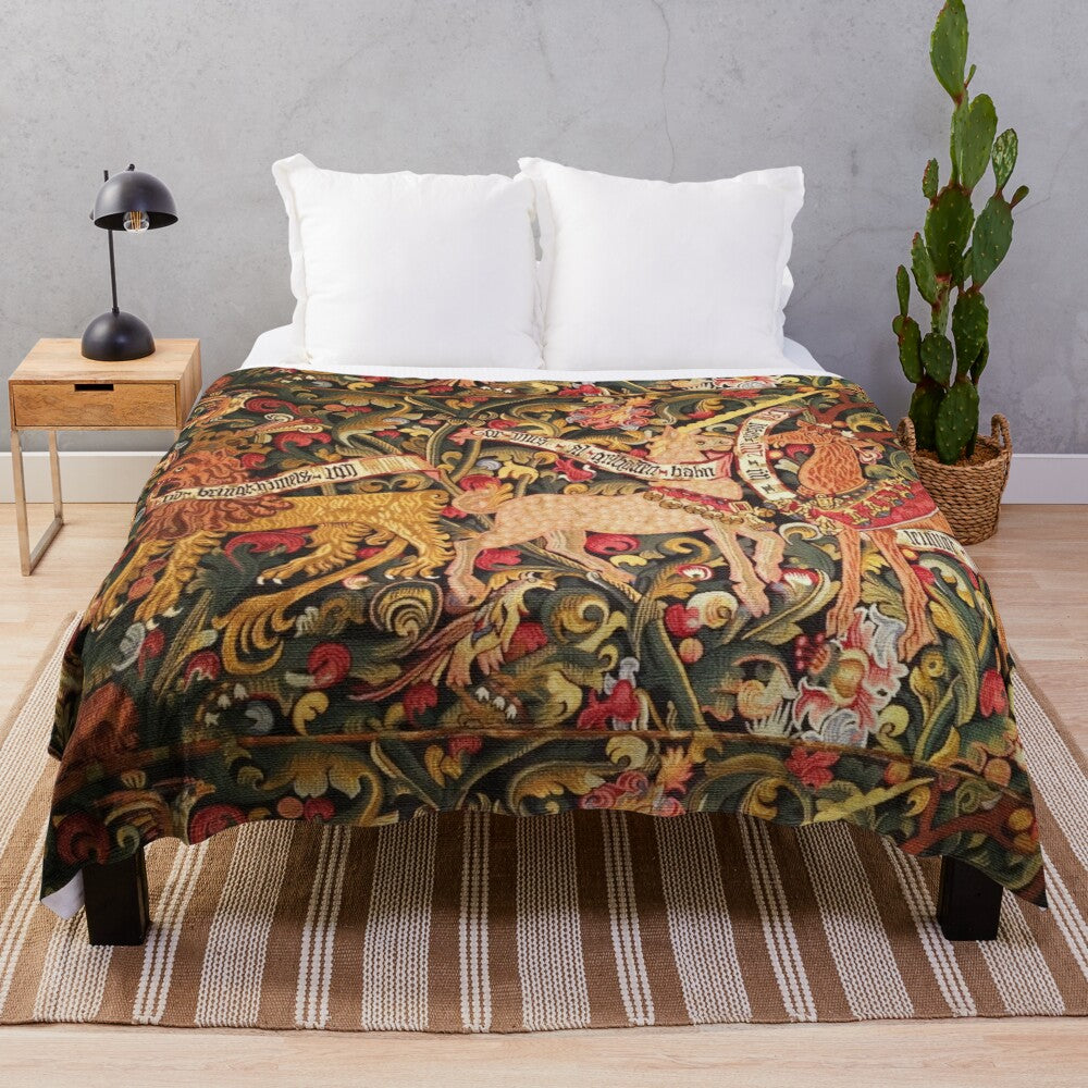 Plush blanket featuring a medieval-inspired design with mythical creatures like unicorns, dragons, and woodland animals surrounded by lush floral patterns.