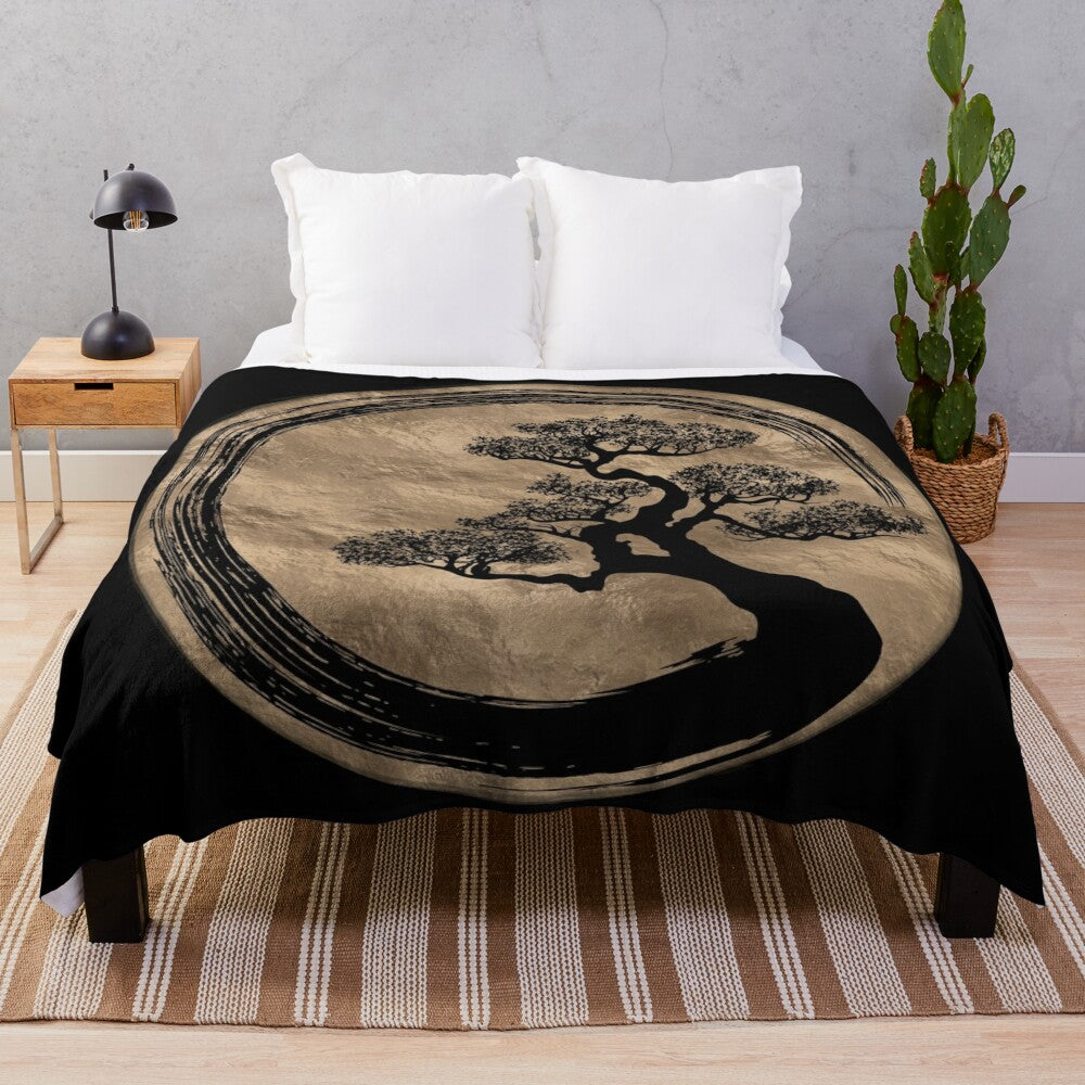 Zen Enso Circle and Bonsai Tree Gold Plush Blanket