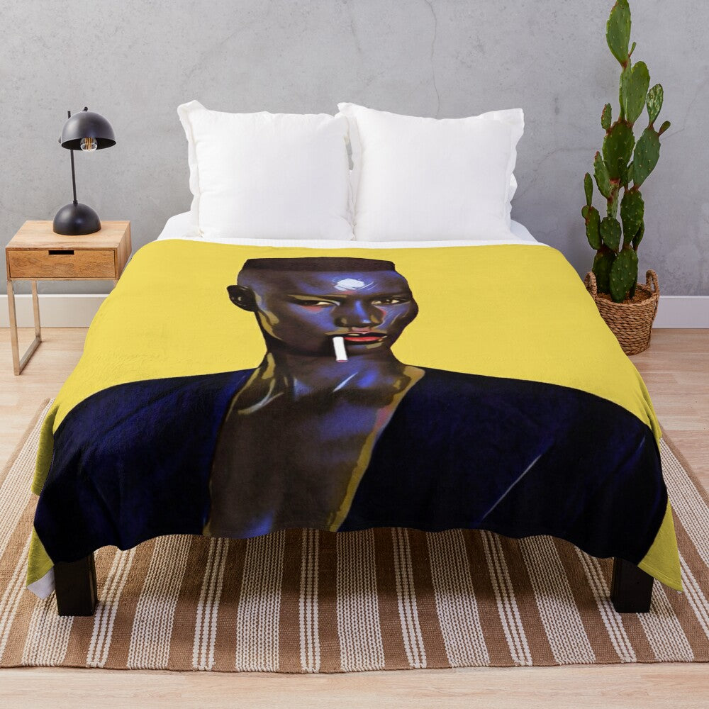 Plush blanket featuring retro pop art design inspired by Grace Jones