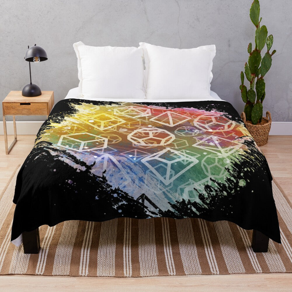 Watercolor rainbow plush blanket with d20 dice pattern design for tabletop roleplaying games