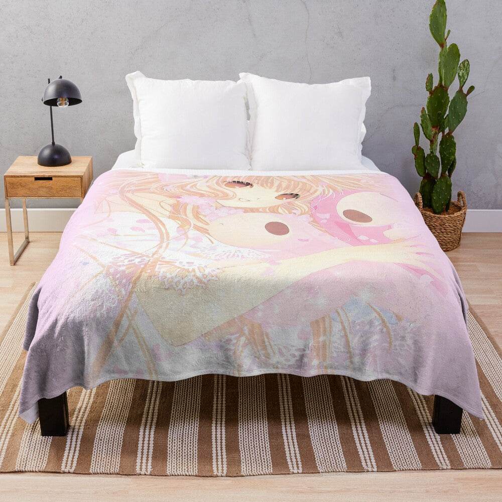 Plush blanket with Chobits-inspired design featuring cute and kawaii pastel colors