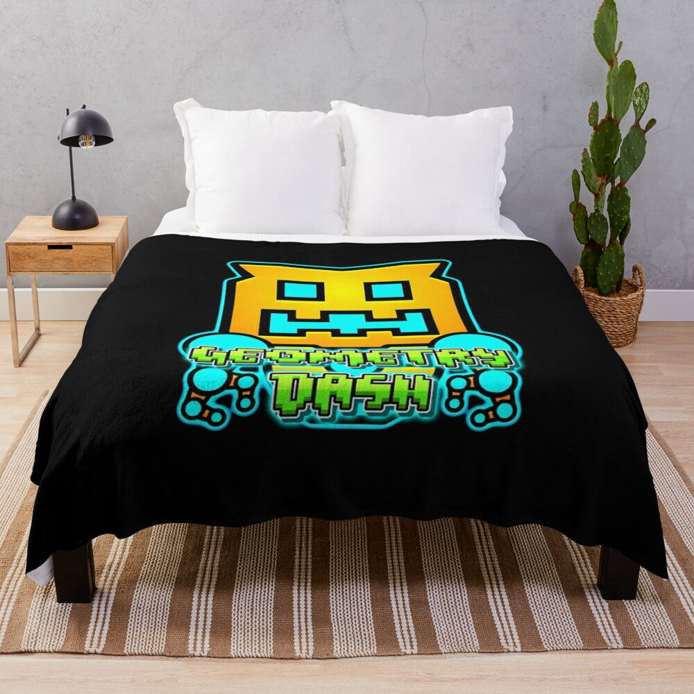 Geometry Dash themed plush blanket with geometric shapes and patterns