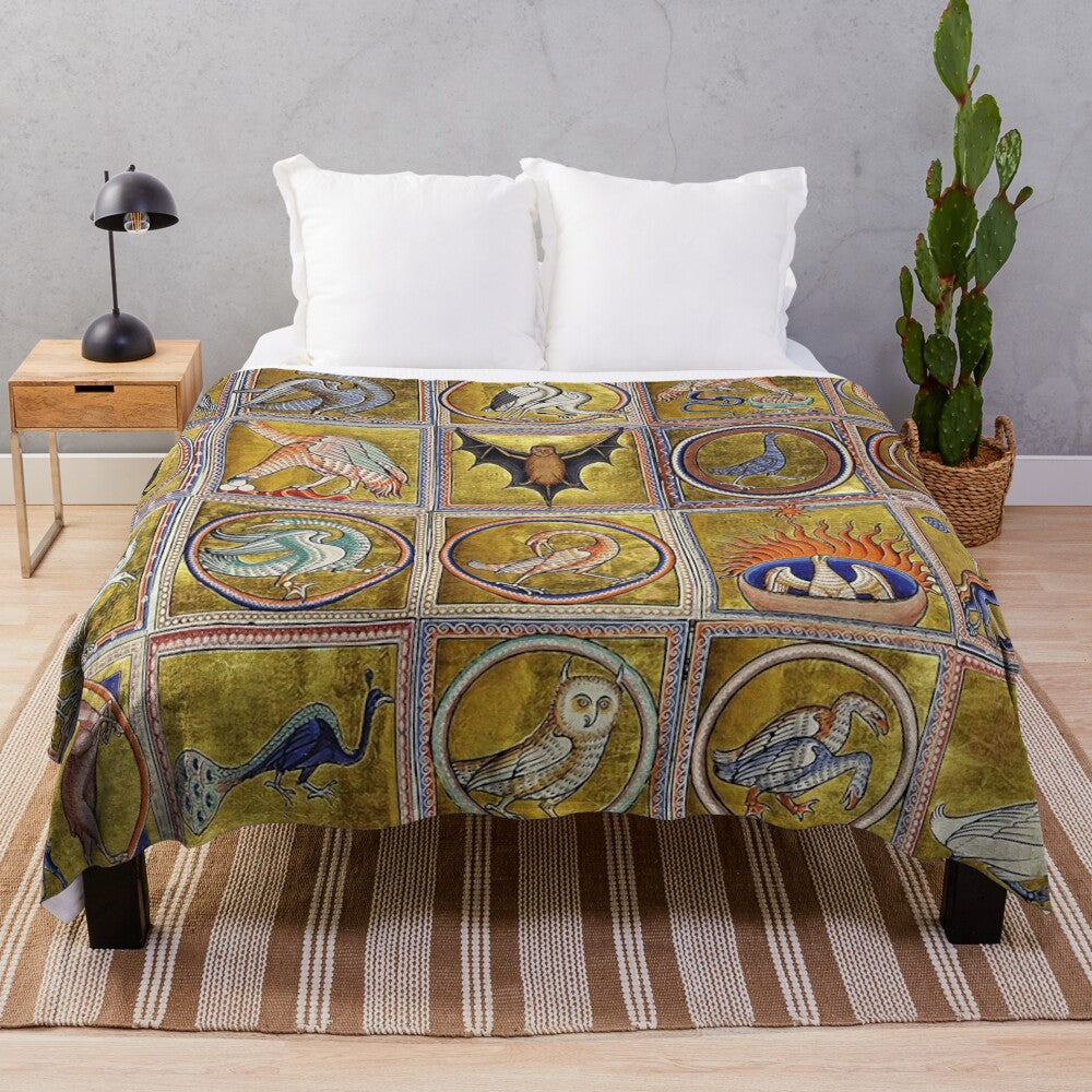 Plush blanket featuring illustrations of fantasy animals from a medieval bestiary