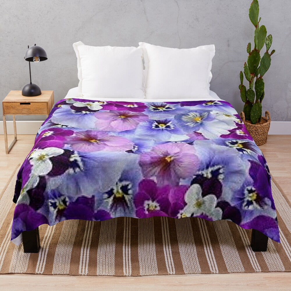 Plush blanket with vibrant spring purple pansy garden abstract art design