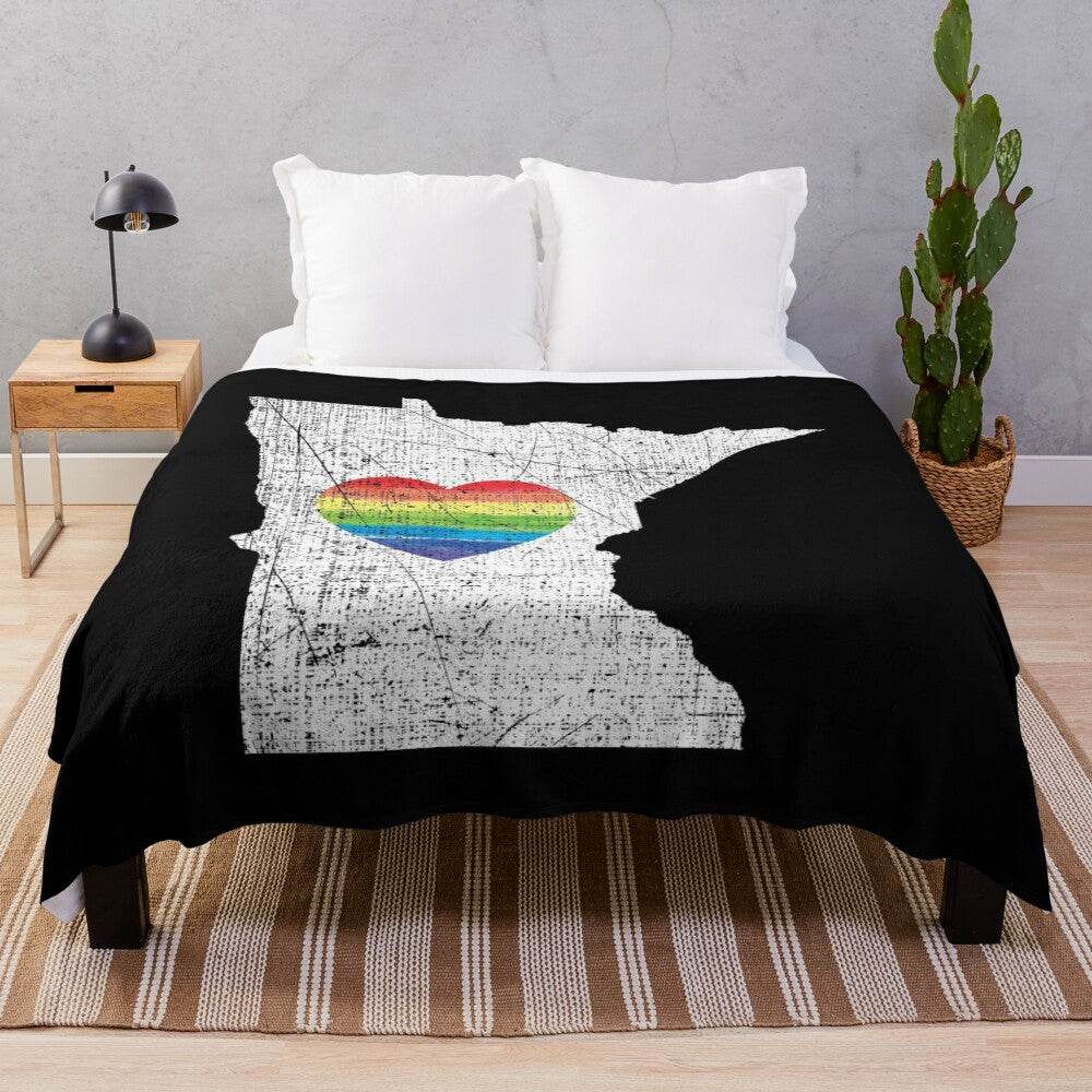 Colorful rainbow heart plush blanket with LGBTQ+ pride message