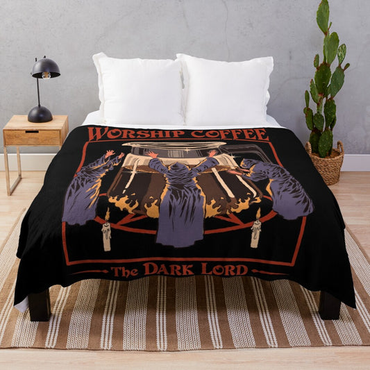 Vintage-inspired plush blanket for coffee lovers with retro 70s 80s horror and occult vibes