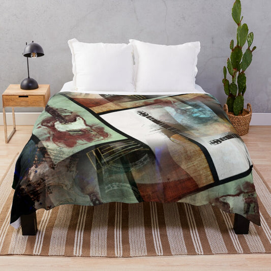 An abstract plush blanket featuring a collage of six guitars