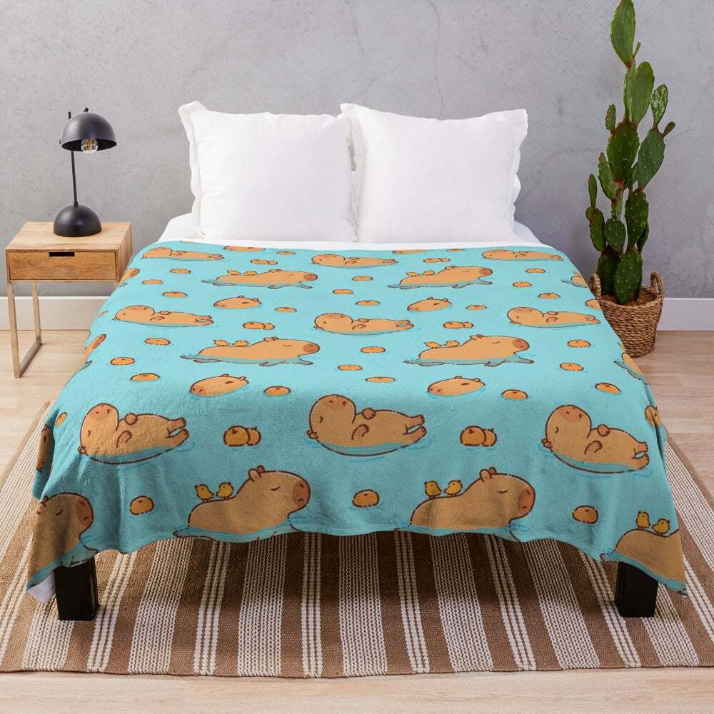 Capybara pattern swimming with oranges plush blanket