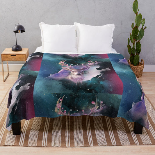 Watercolor deer and floral design plush blanket