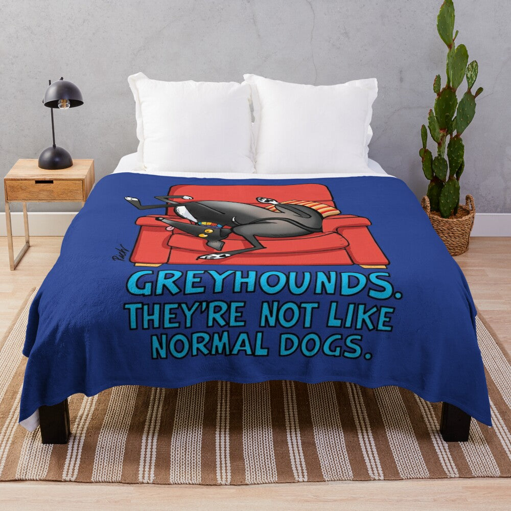 Greyhound, whippet, and lurcher sighthound breeds featured on a plush blanket