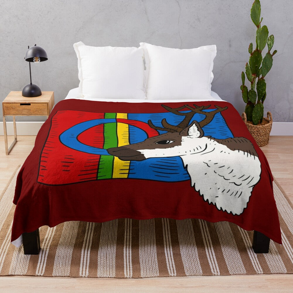 Sámi flag and reindeer design on a plush blanket, representing the indigenous Sámi people and their culture