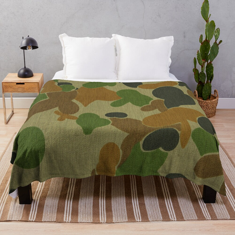 Auscam-style camo plush blanket with military-inspired pattern