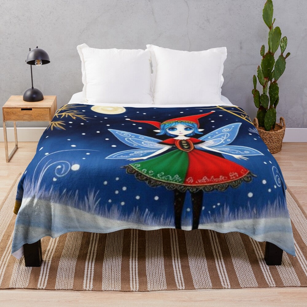 Cozy plush blanket featuring a whimsical elf fairy in a winter wonderland scene