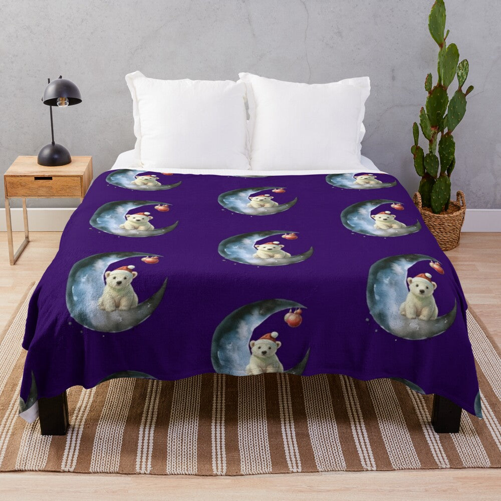 Soft and plush polar bear blanket with a crescent moon and winter landscape design