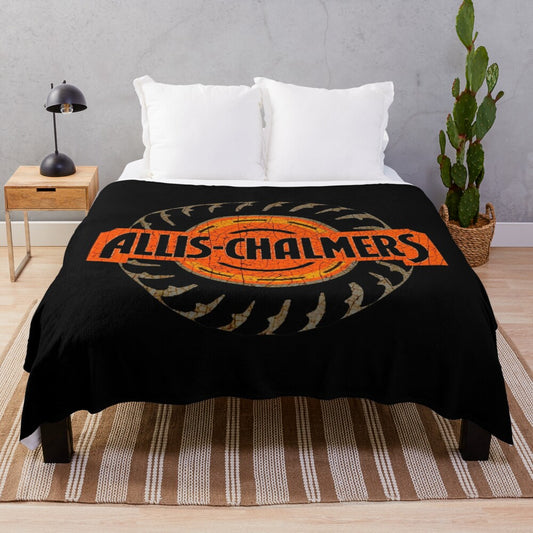 Allis-Chalmers inspired plush blanket featuring cows, tractors, and farming imagery