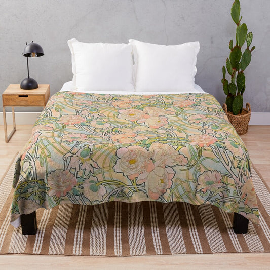 Plush blanket featuring a floral design inspired by the art nouveau style of Alphonse Mucha