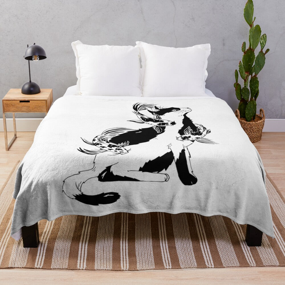 Charming ink illustration of a cat and fish on a plush blanket