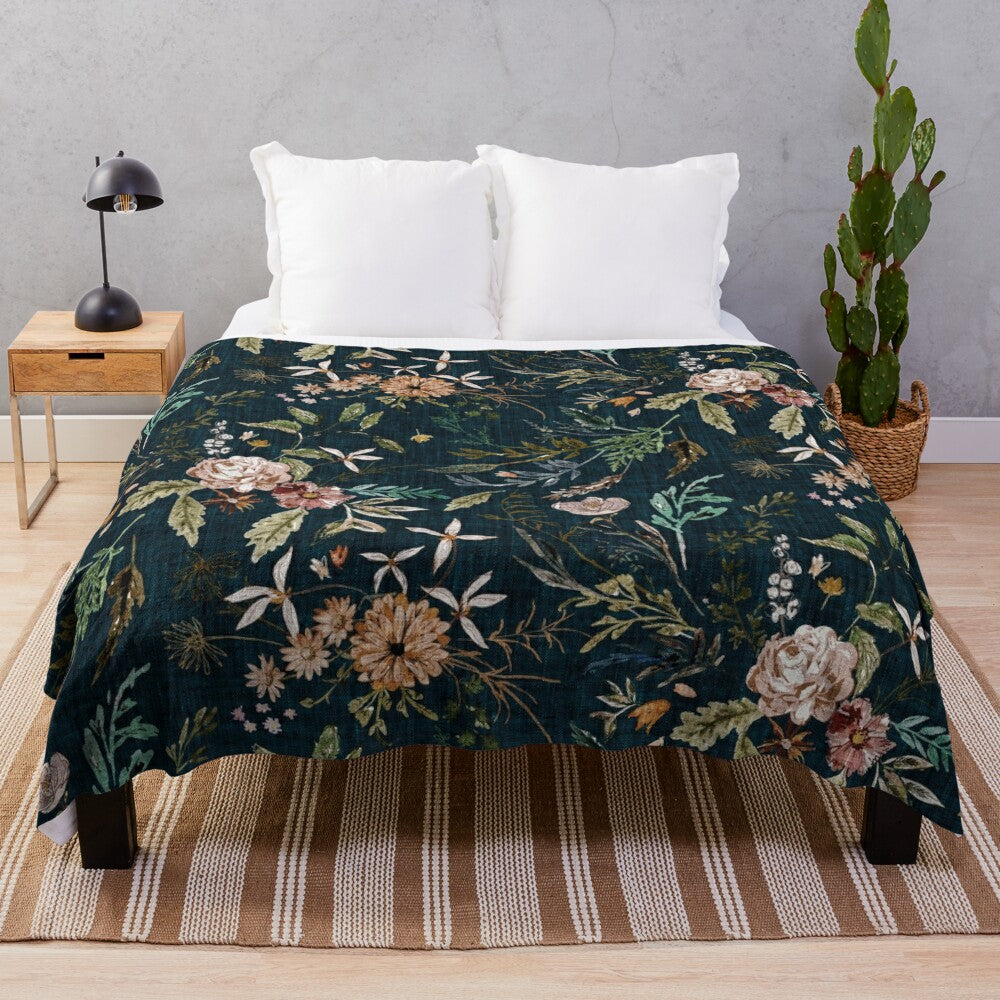 Delicate watercolor floral pattern plush blanket in teal