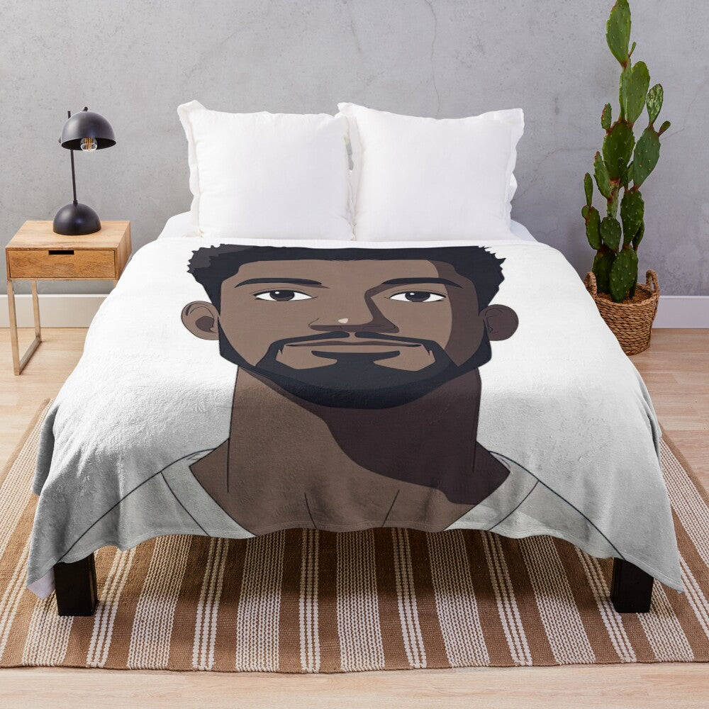 Anime-style plush blanket featuring a portrait of a Cape Verdean man in traditional attire