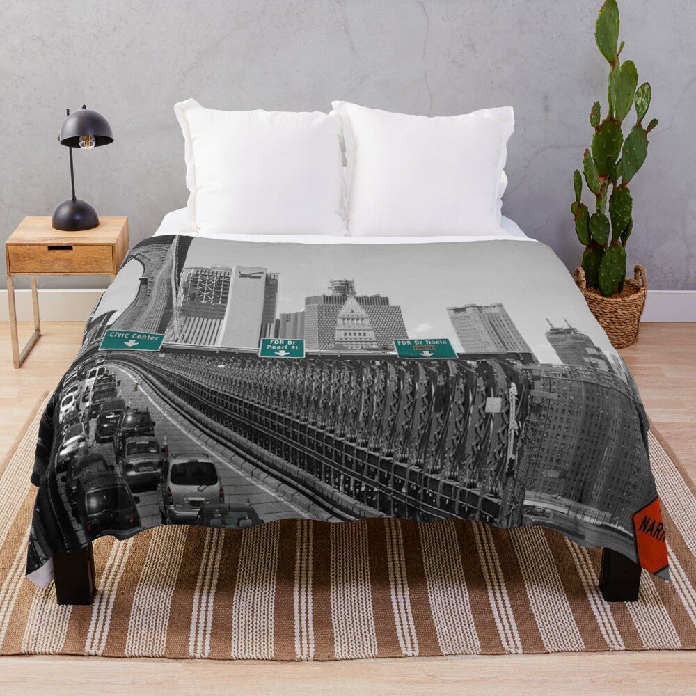 Brooklyn Bridge inspired plush blanket with pop art colors and patterns