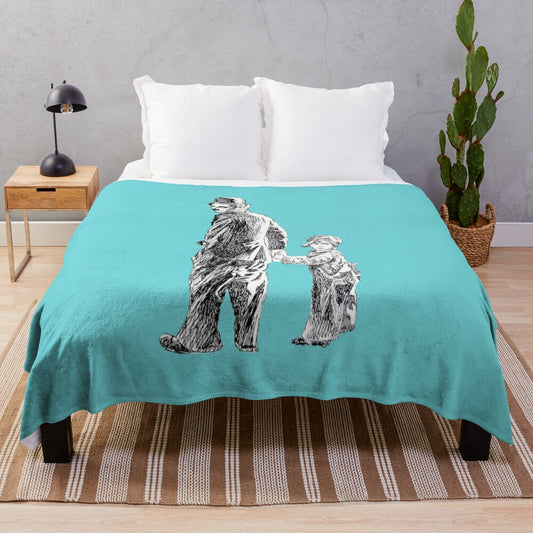 Vintage-inspired plush blanket featuring Charlie Chaplin's iconic "The Kid" character