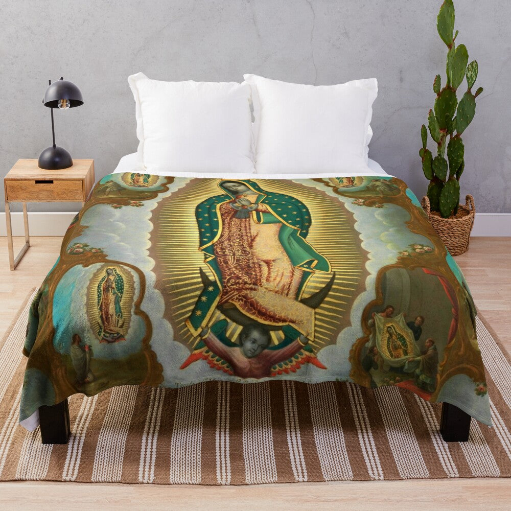 Plush blanket featuring the iconic image of the Virgin of Guadalupe, the Patron Saint of Mexico