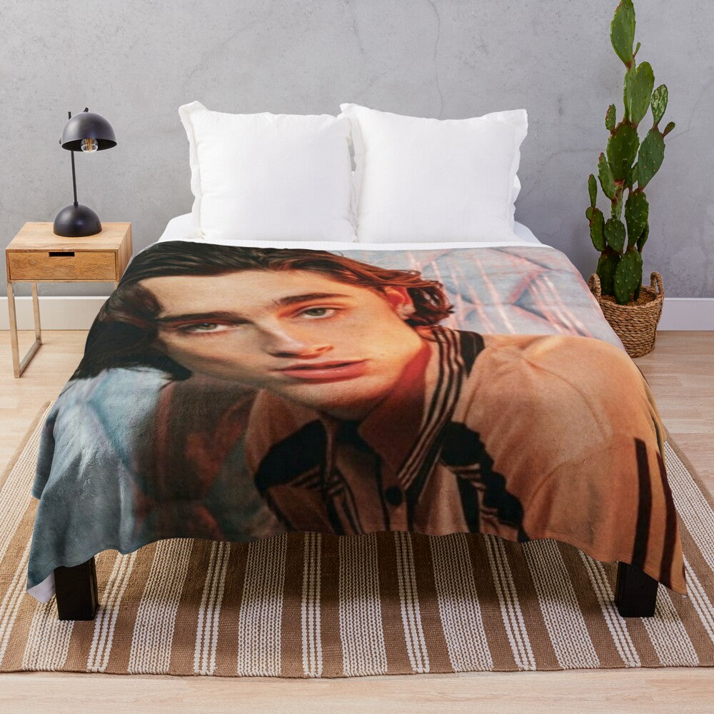 Soft and cozy plush blanket featuring the image of actor Timothee Chalamet