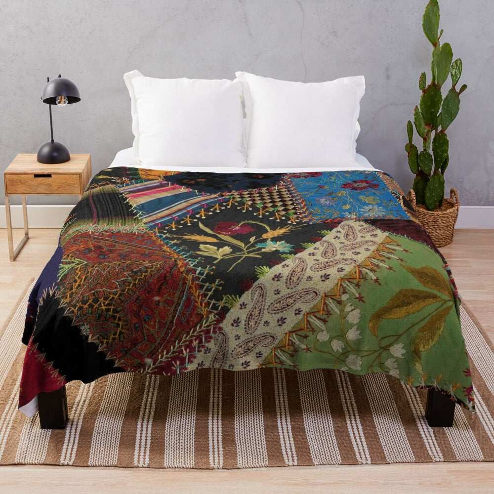 Colorful vintage-inspired patchwork quilt plush blanket