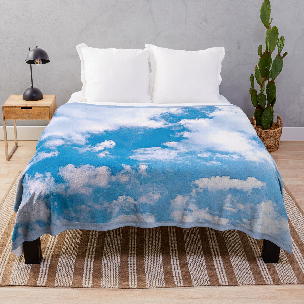 Plush blue and white cloud blanket for a serene, dreamy home