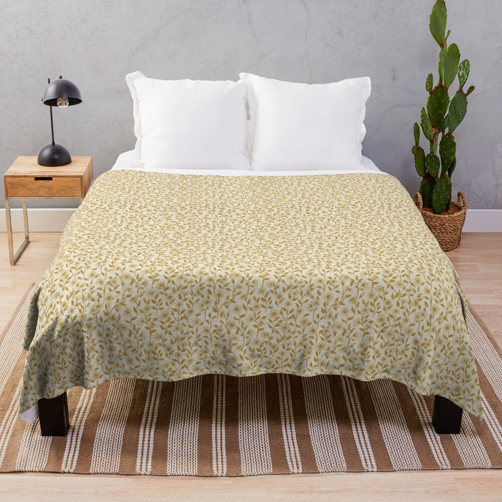 Soft, plush blanket with a vintage floral pattern in shades of yellow and cream