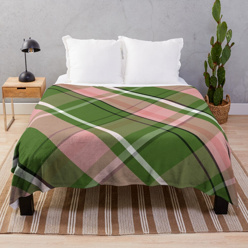 Colorful pink and green preppy plaid plush blanket