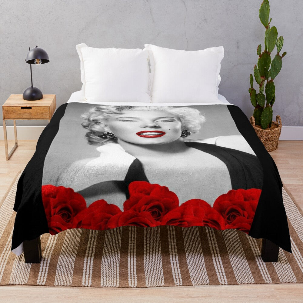 Marilyn Monroe inspired plush blanket with love and rose design