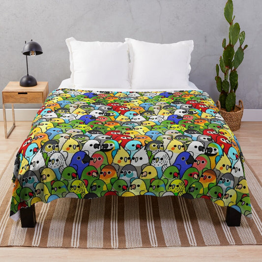 Plush blanket featuring a variety of colorful birds like cockatiel, cockatoo, and African grey