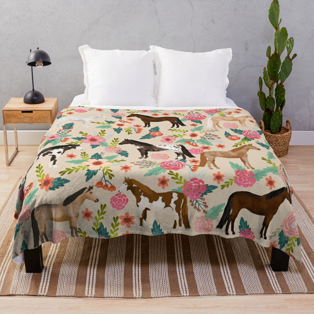 Soft and plush floral blanket featuring various horse breeds