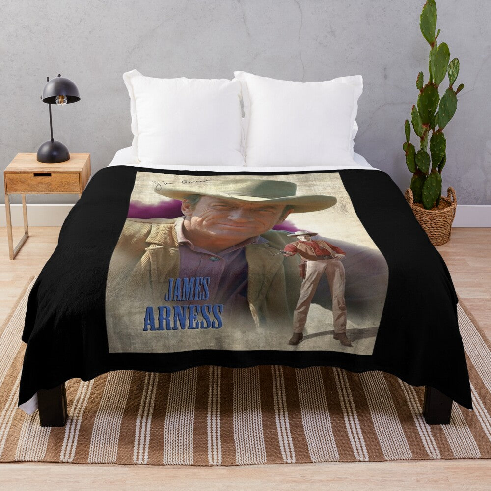 Gunsmoke-themed plush blanket featuring classic western imagery