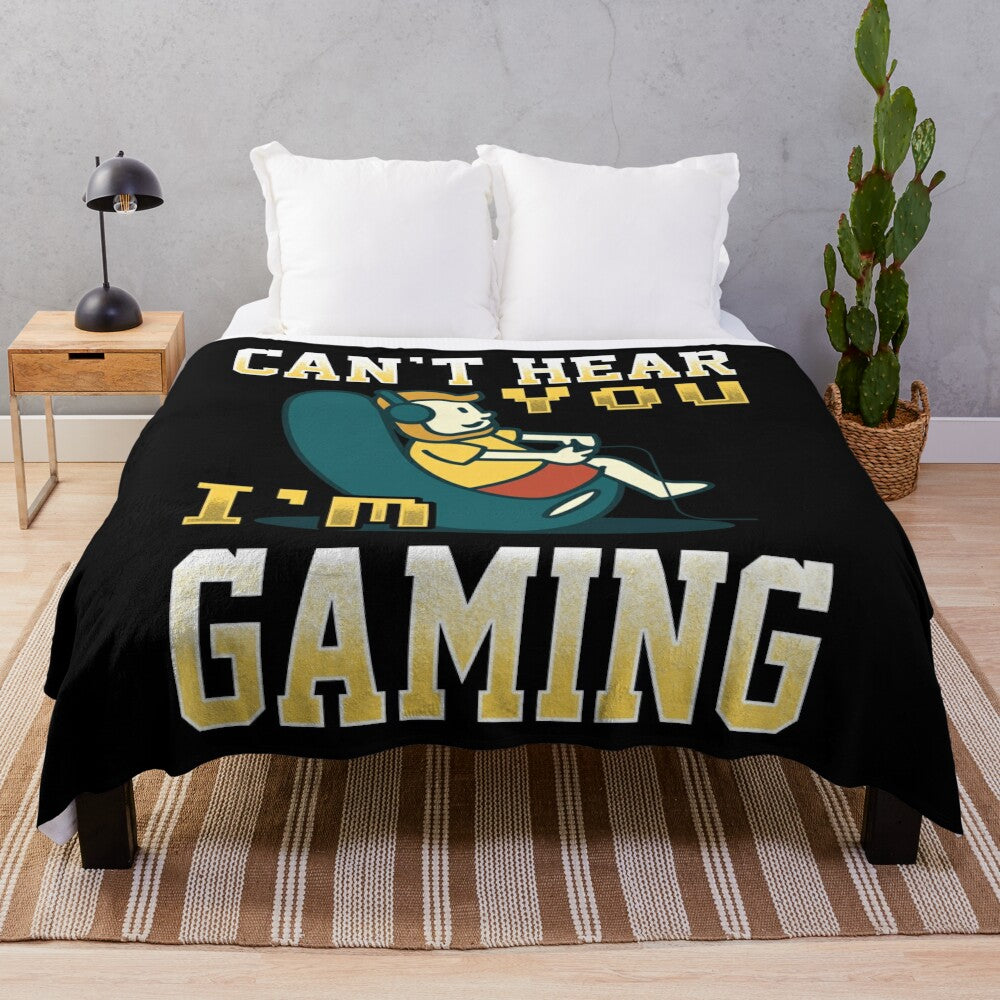 Cozy gamer plush blanket with "Can't Hear You I'm Gaming" design