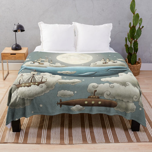 Whimsical ocean plush blanket with surreal skies and nature elements