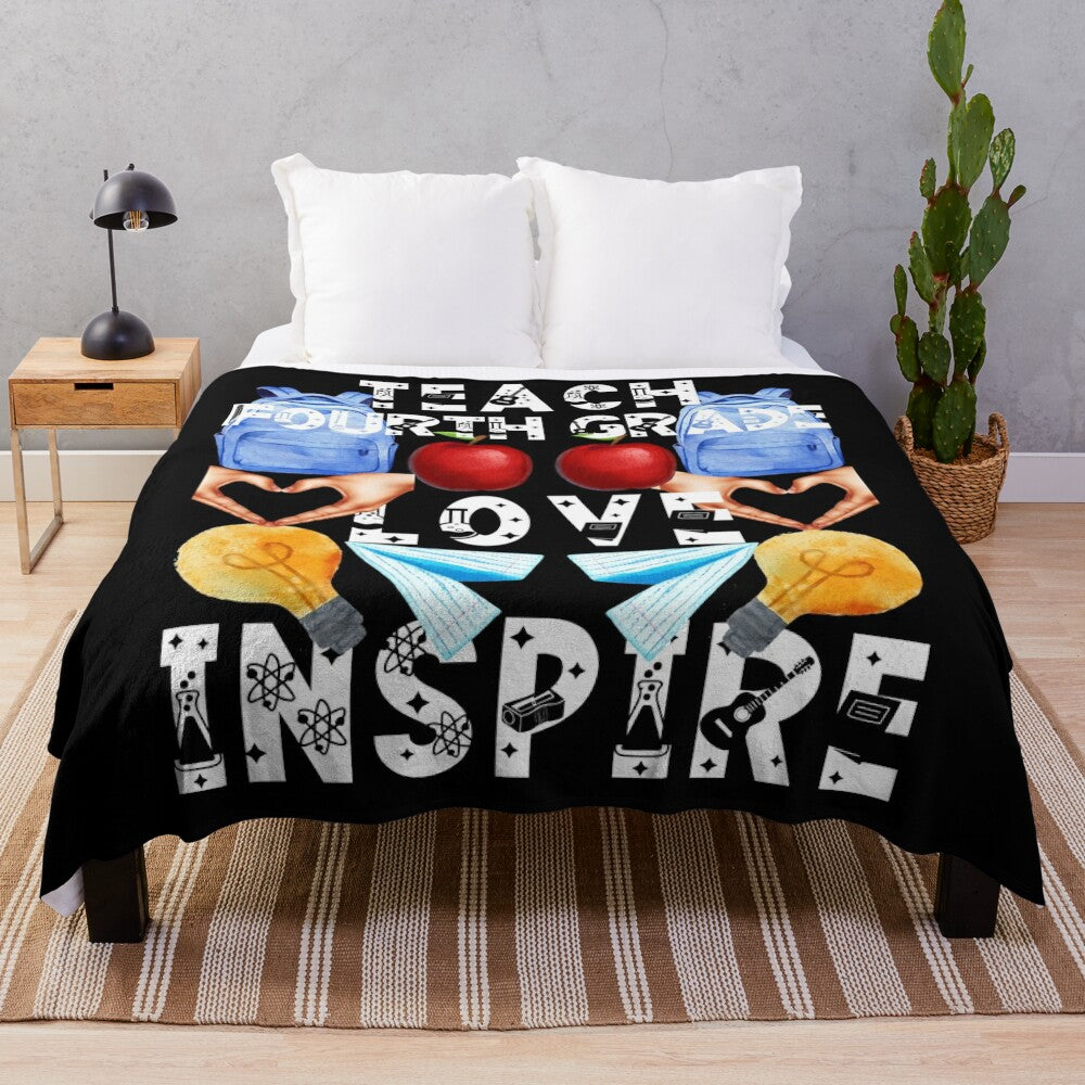 Inspirational plush blanket with "teach love inspire" design for fourth grade teachers