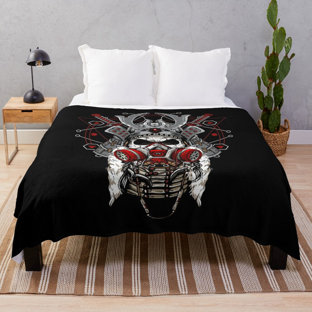 Samurai skeleton plush blanket featuring Japanese cultural elements