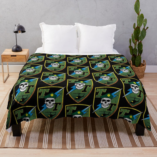 Plush blanket with Tropic Thunder inspired skull design