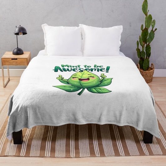 Mint-colored plush blanket with a pun that says "encourage mint"