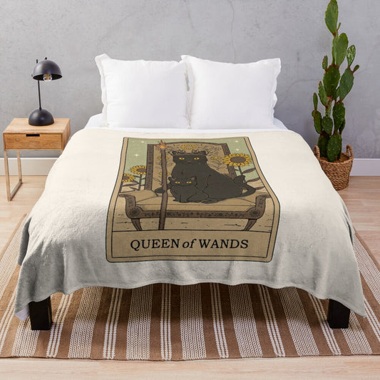 Queen of Wands tarot card design on a cozy plush blanket for cat owners