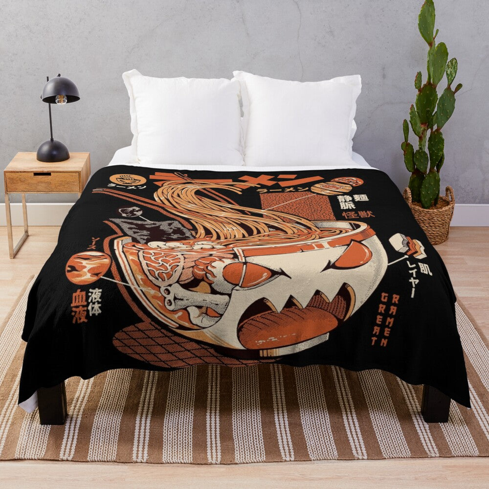 Plush blanket featuring a ramen-inspired kaiju design