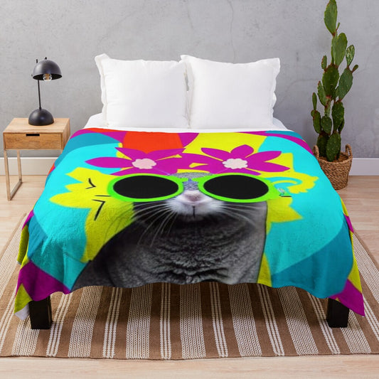 A colorful plush blanket featuring a chinchilla wearing sunglasses and floral accents in a pop art style.