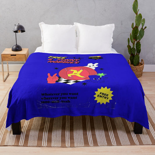 Colorful plush blanket with retro, whimsical hobby-themed design