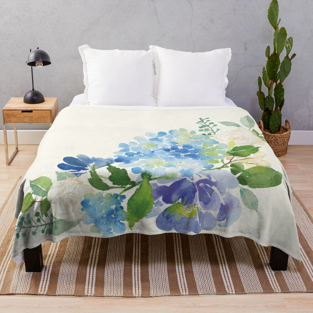 Blue watercolor hydrangea floral plush blanket