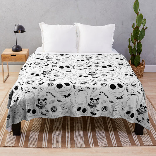 Plush black and white patterned blanket with spooky, gothic, and Halloween-inspired design