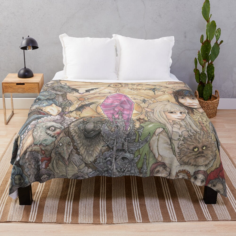 Cozy plush blanket featuring the iconic characters and imagery from the classic 80s fantasy film 'The Dark Crystal'