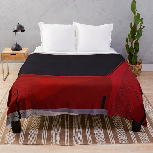 Plush blanket featuring Western barns artwork inspired by Eyvind Earle